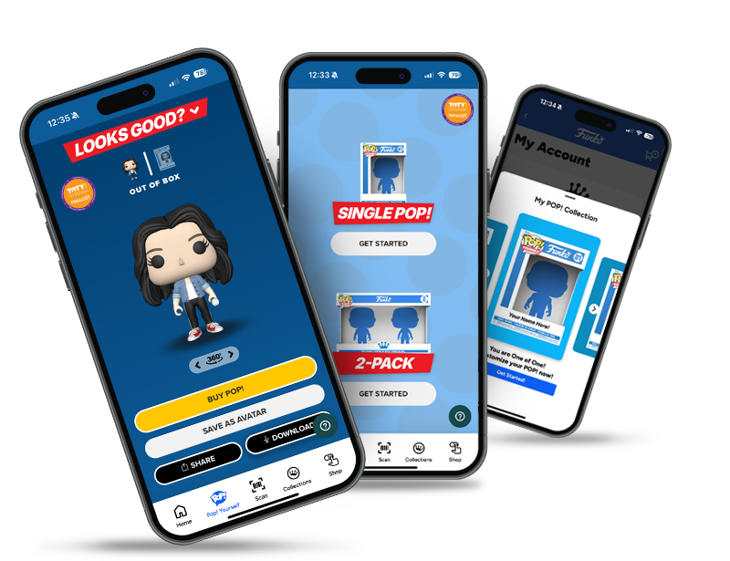 Apple iPhones with Funko App screenshots highlighting new POP! Yourself feature. Build and create a custom POP! of yourself or someone else directly on the app