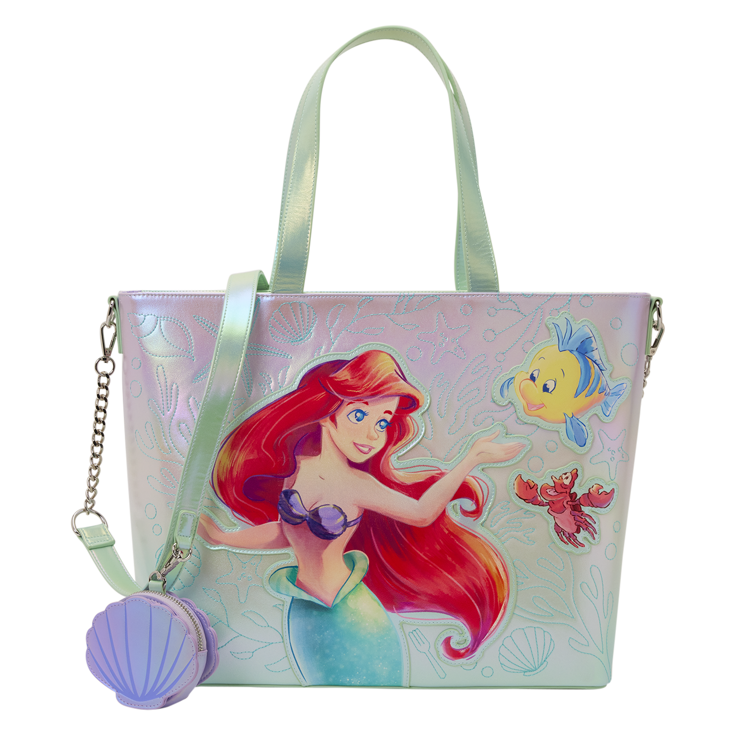 The Little Mermaid Ariel, Flounder, & Sebastian Tote Crossbody Bag with Coin Bag | Officially Licensed | Plastic | Loungefly